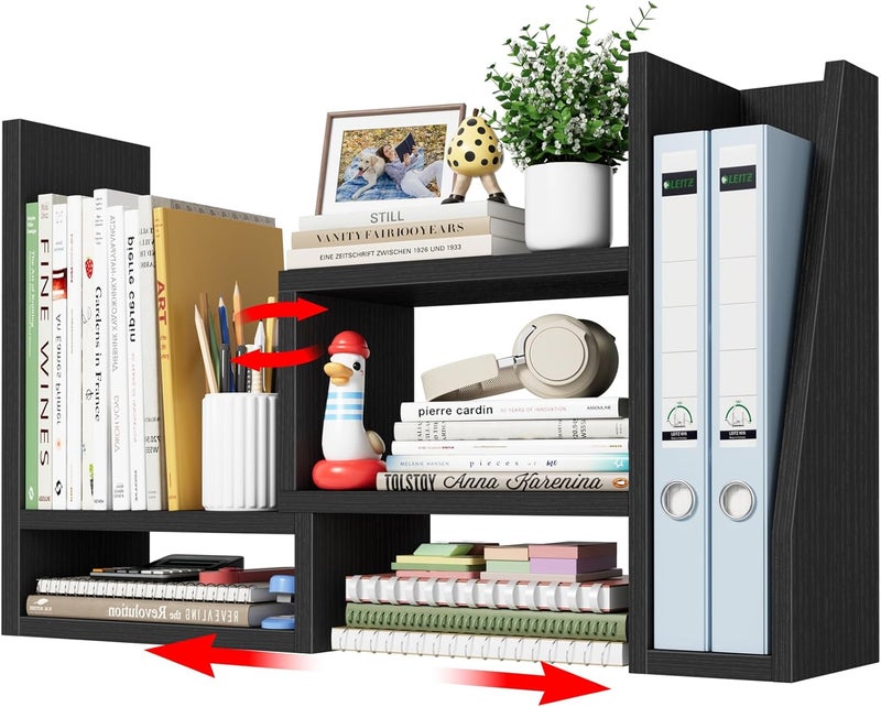 NUTIKAS Desktop File Organizer Desk Organizer Shelf - Black Office Organization Shelves for Top of Desk Organizers and Accessories Corner Bookshelf Table Top Shelving Small Hutch Decorations for Women Office - Image 1